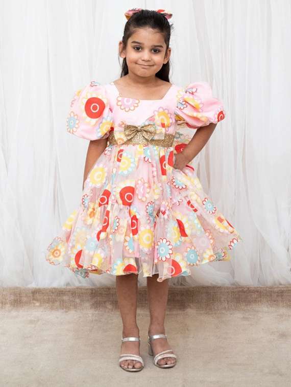 girls printed puff sleeve tiered dress