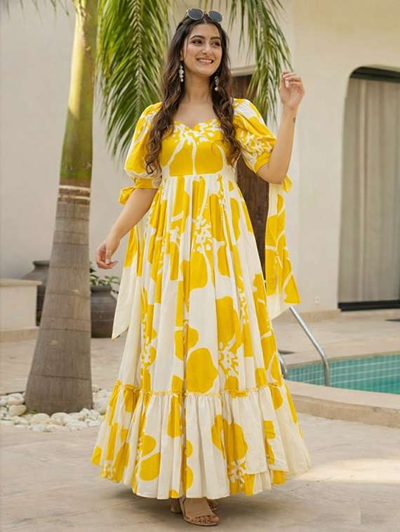 women printed puff sleeve tiered dress