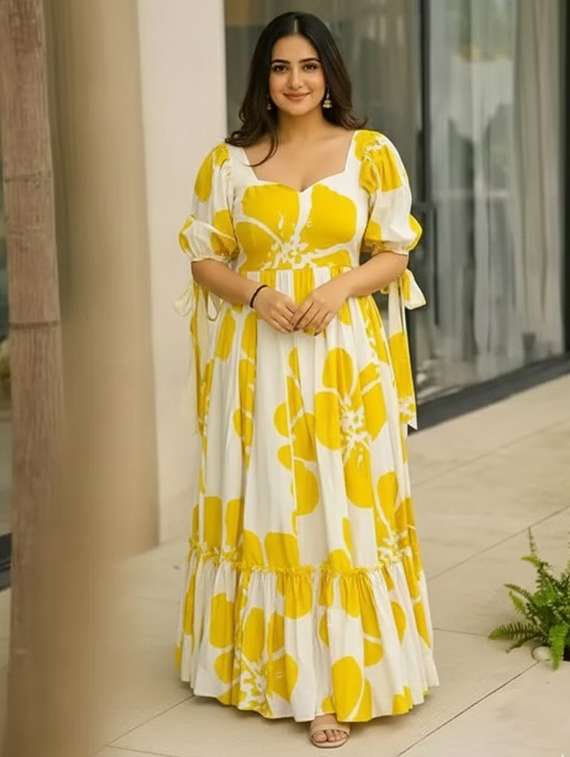 women printed puff sleeve tiered dress