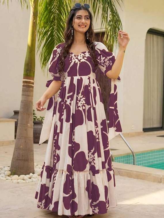 women printed puff sleeve tiered dress
