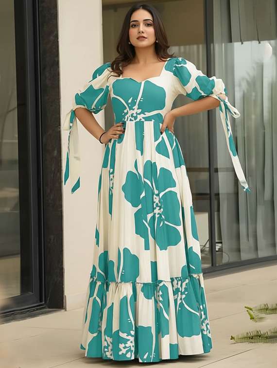 women printed puff sleeve tiered dress