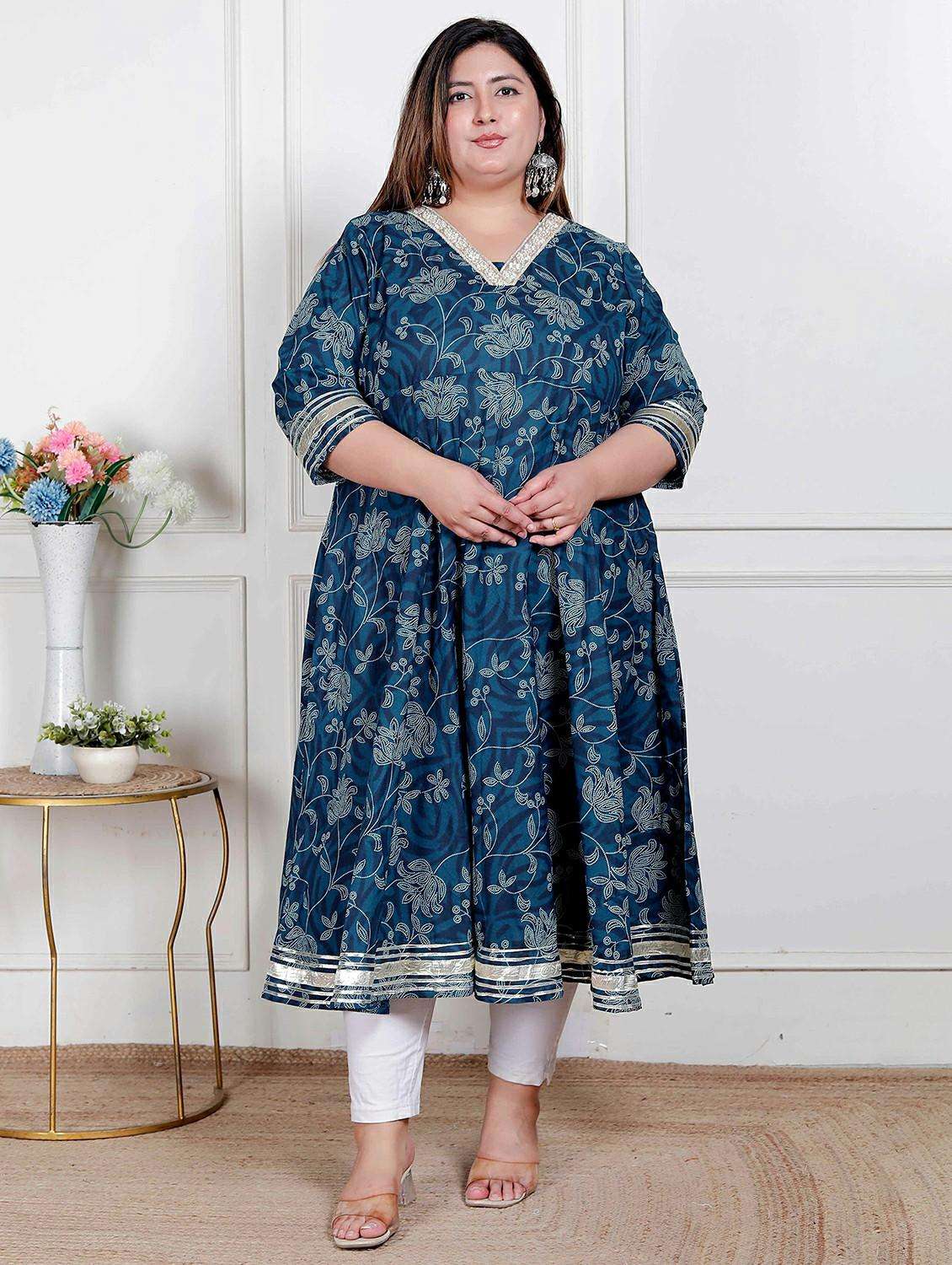 women plus size floral three quarter sleeve anarkali kurta