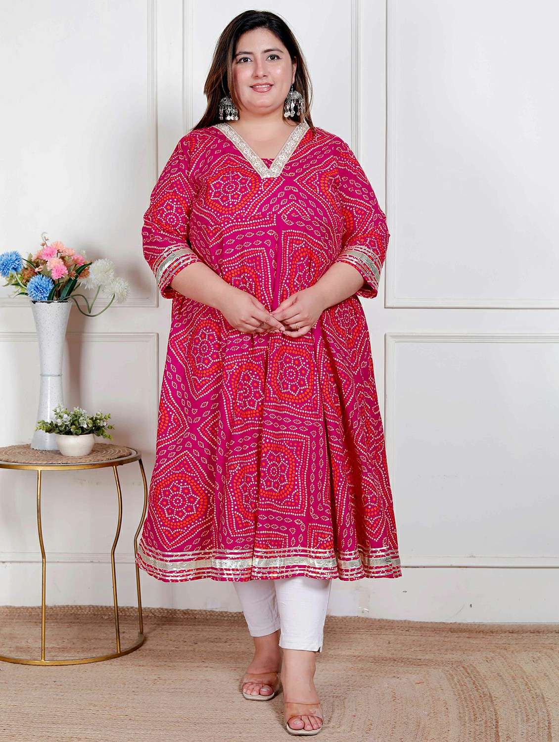 women plus size bandhani three quarter sleeve anarkali kurta