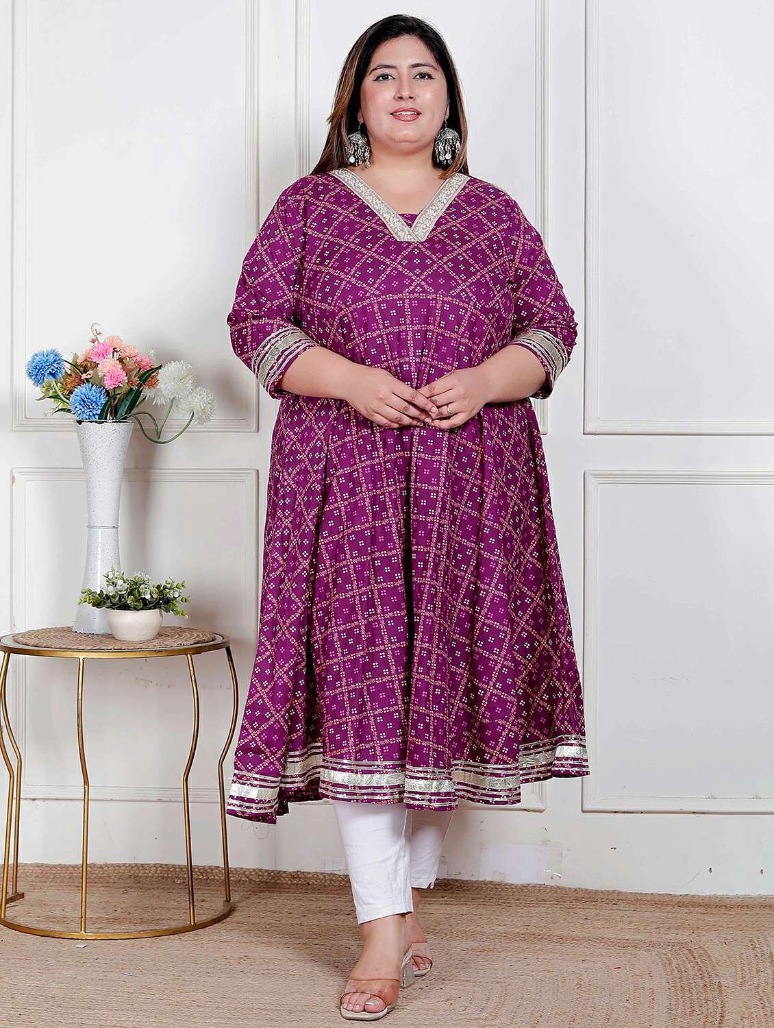 women plus size bandhani three quarter sleeve anarkali kurta