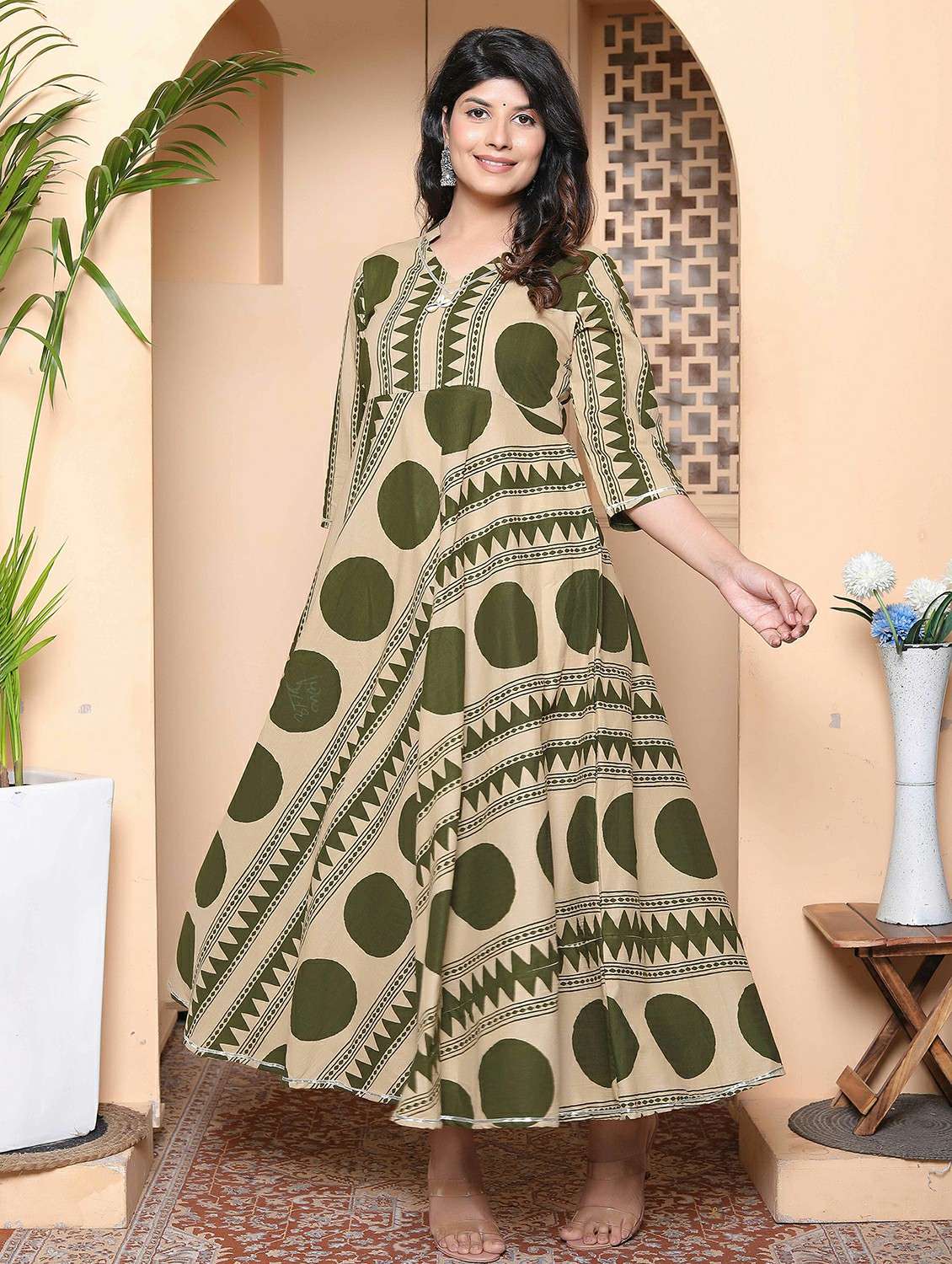 women printed three quarter sleeve anarkali kurta