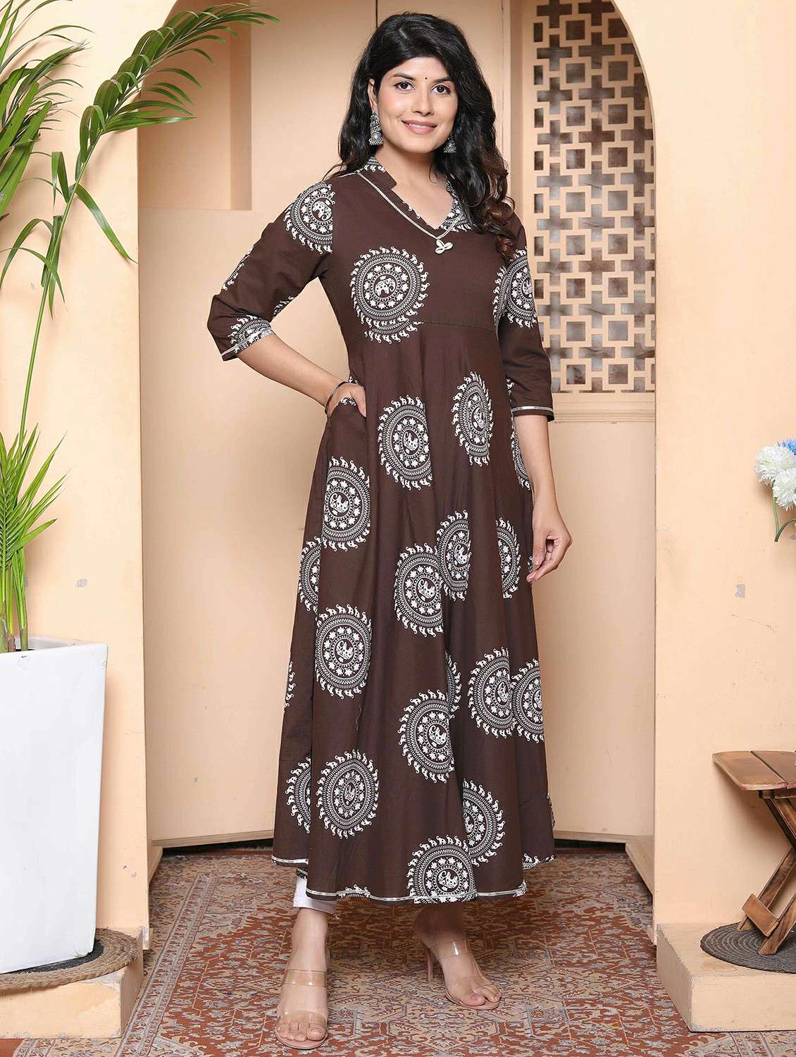 women printed three quarter sleeve anarkali kurta