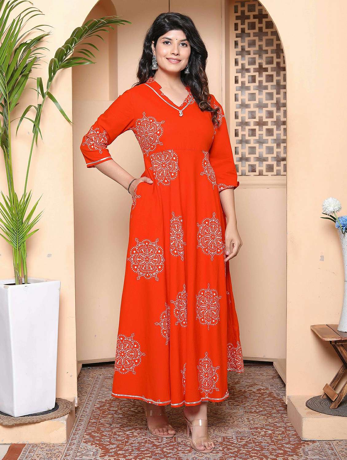 women bandhani three quarter sleeve anarkali kurta