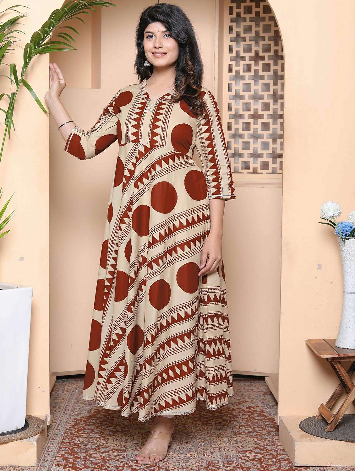 women printed three quarter sleeve anarkali kurta