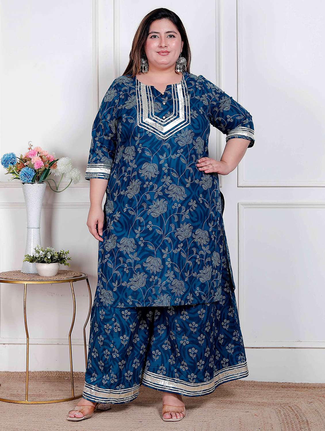 women plus size floral three quarter sleeve kurta palazzo set