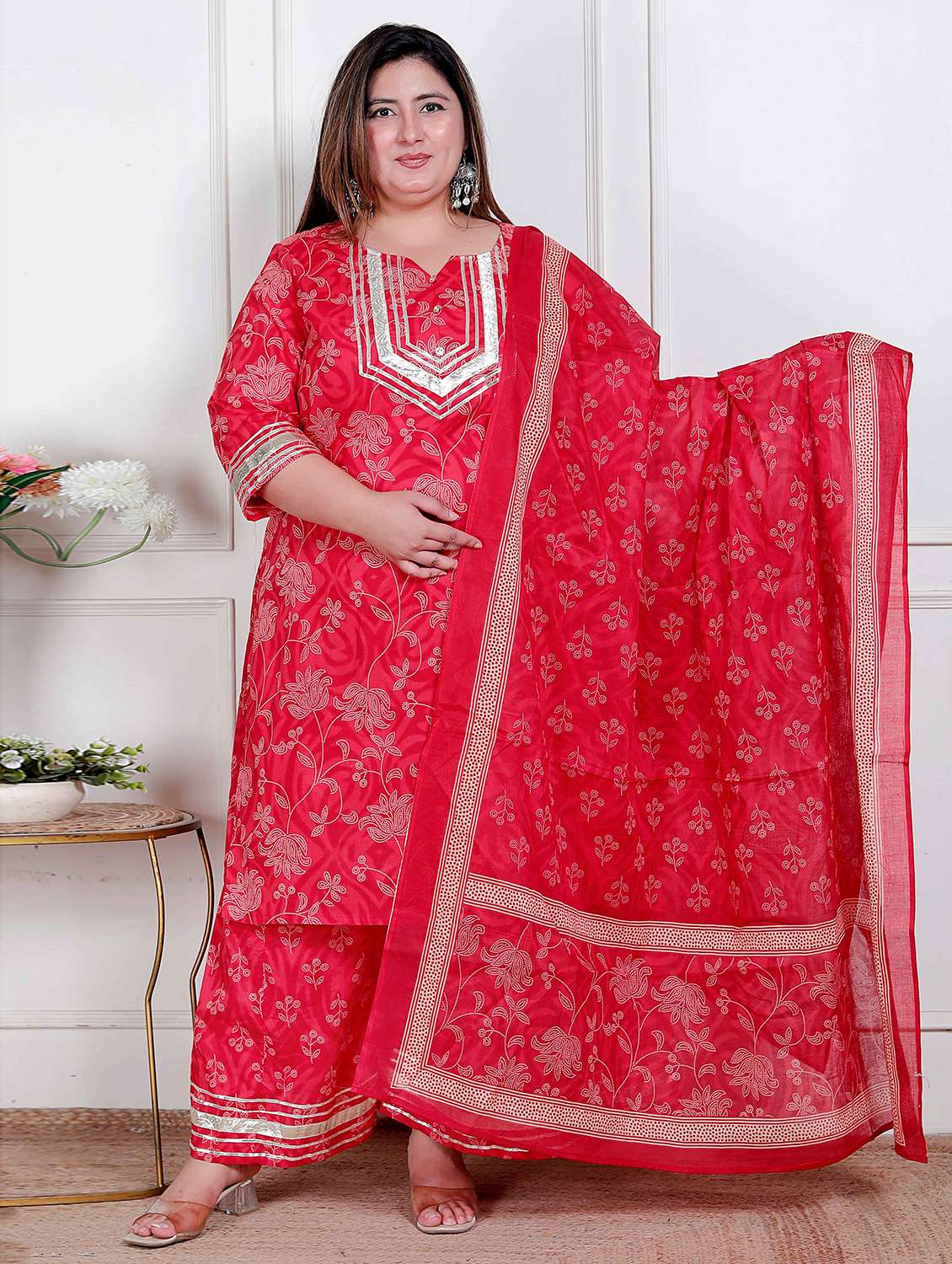 women plus size floral three quarter sleeve kurta palazzo with dupatta set