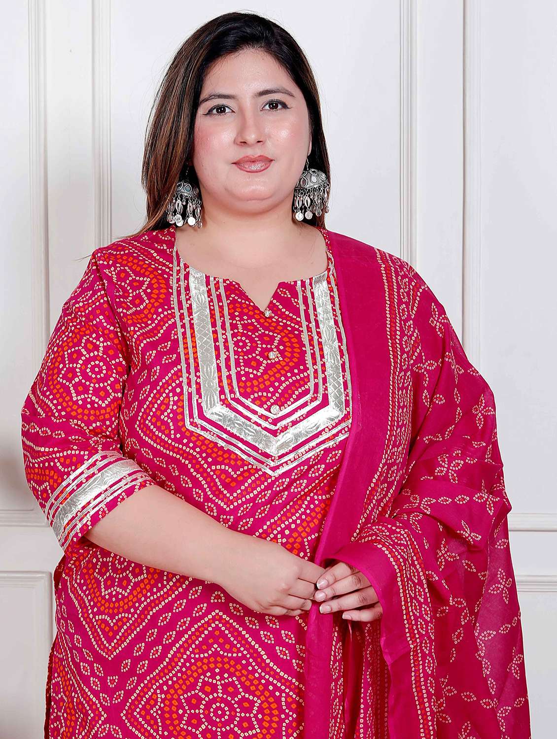 Women Plus Size Bandhani Three Quarter Sleeve Kurta Palazzo With Dupatta Set - 22317768 -  Standard Image - 3