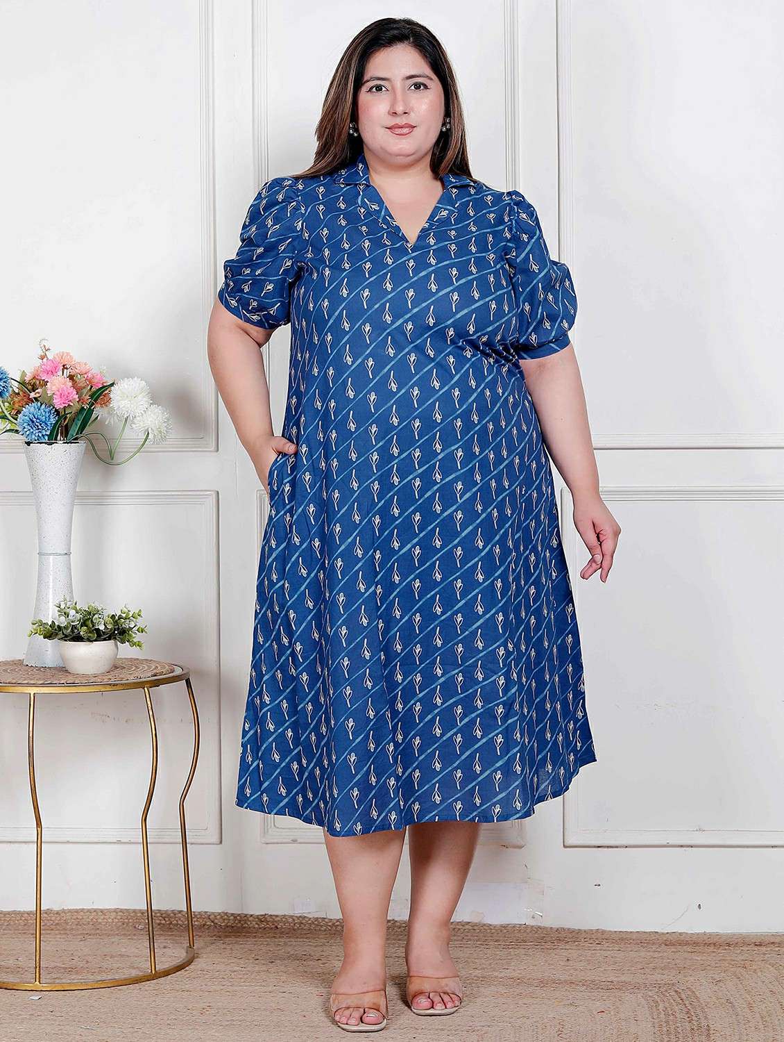 women plus size printed puff sleeve dress