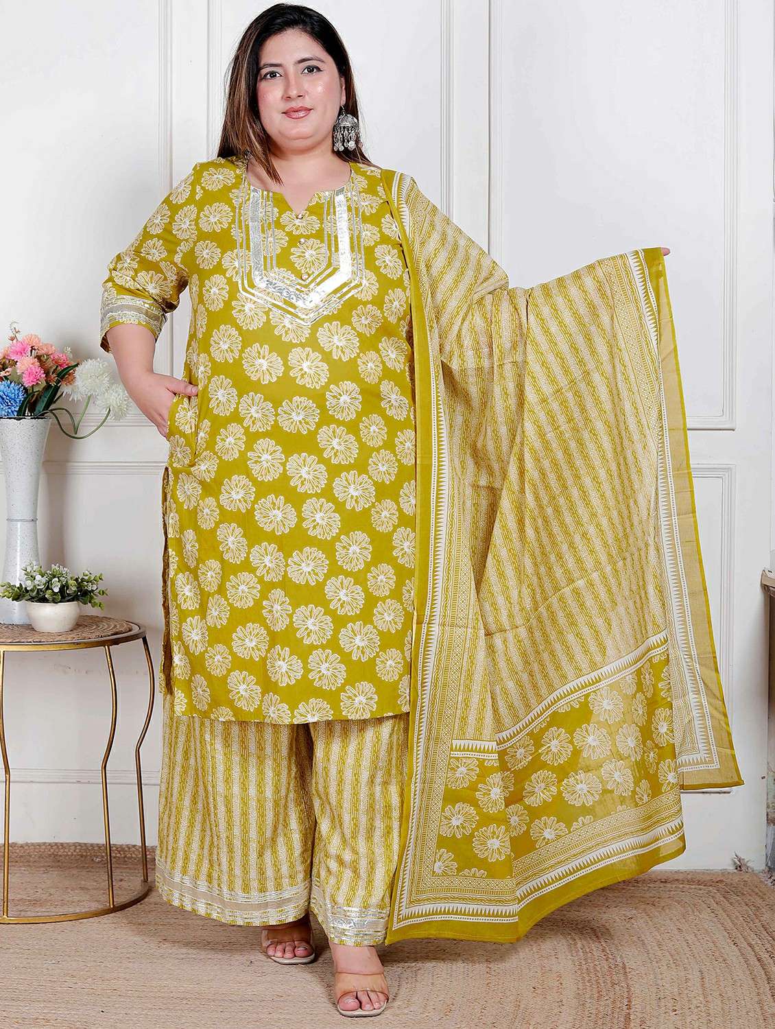 women plus size floral three quarter sleeve kurta palazzo with dupatta set