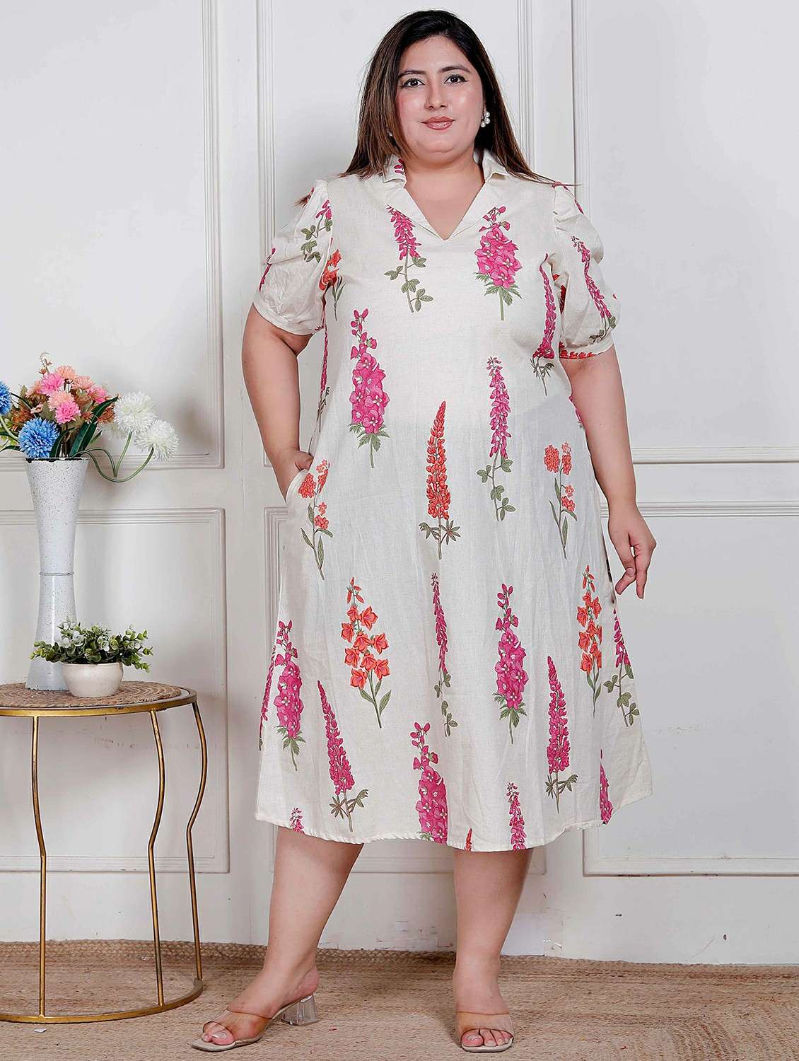 women plus size printed puff sleeve dress