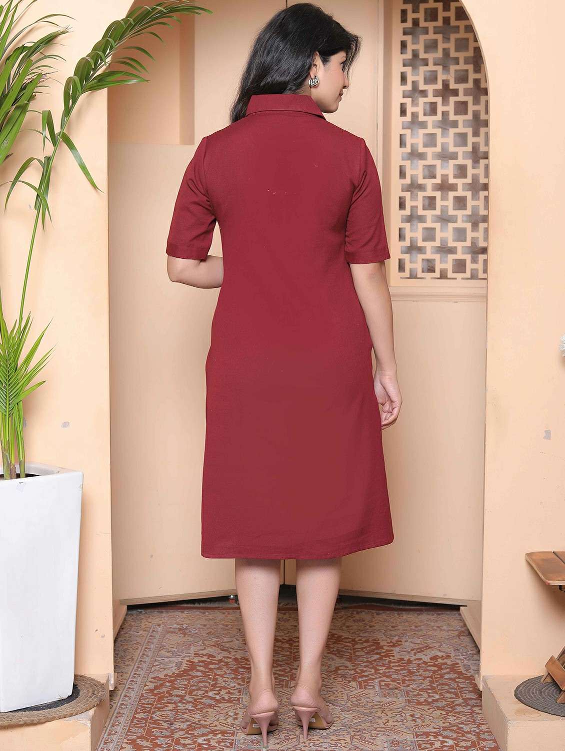 women solid collared short sleeve shirt dress - 22317786 -  Standard Image - 3