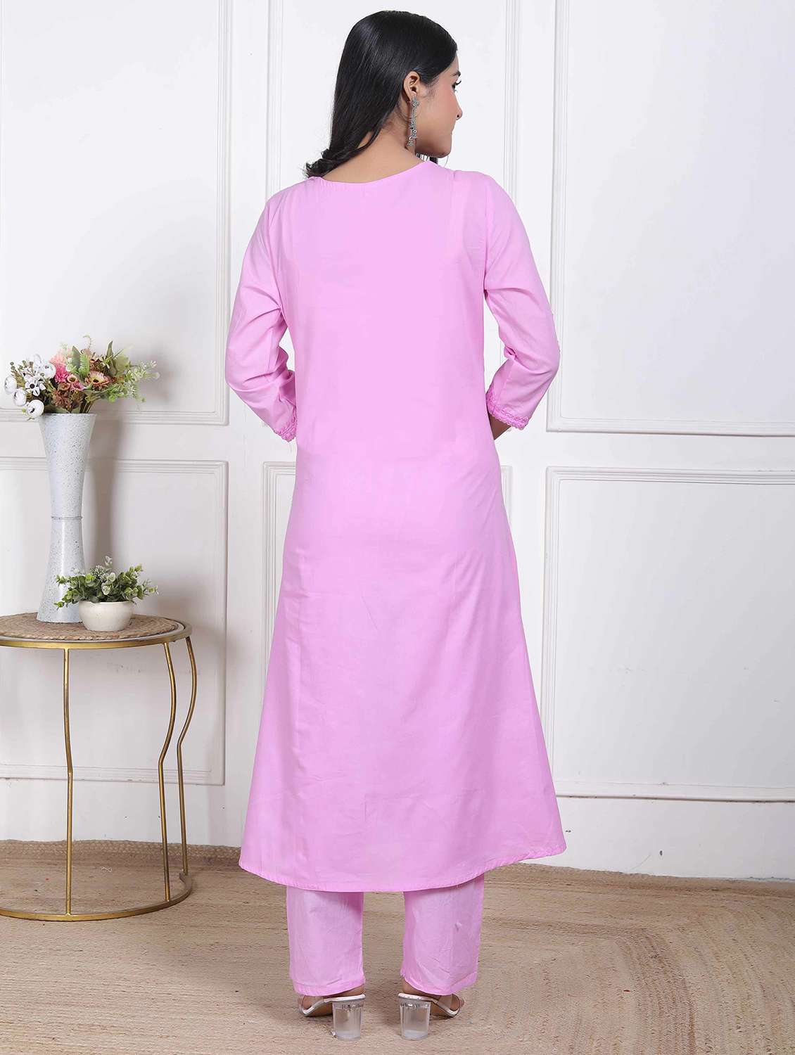 women solid with work three quarter sleeve kurta pant set - 22317792 -  Standard Image - 3