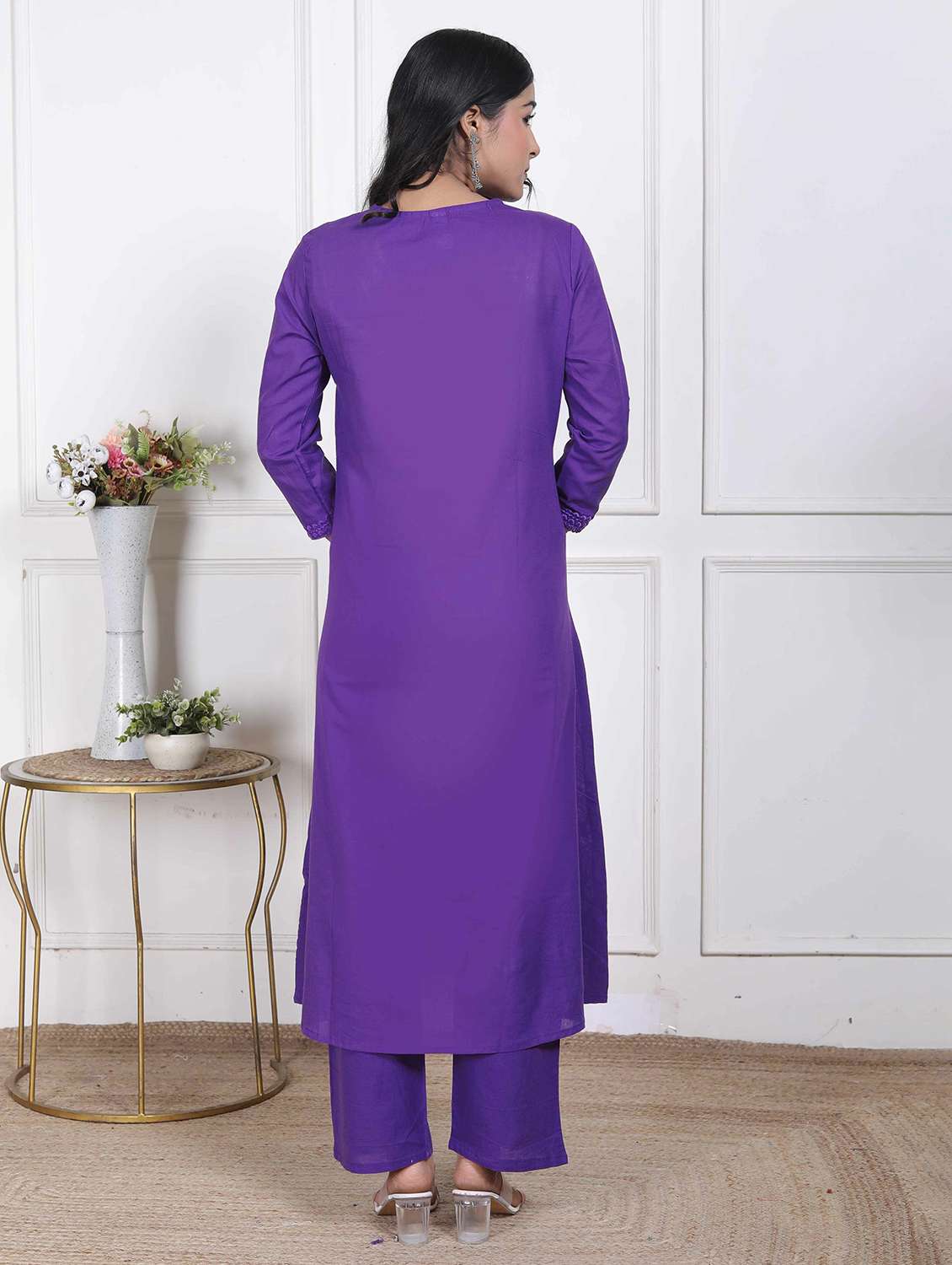 women solid with work three quarter sleeve kurta pant set - 22317794 -  Standard Image - 3