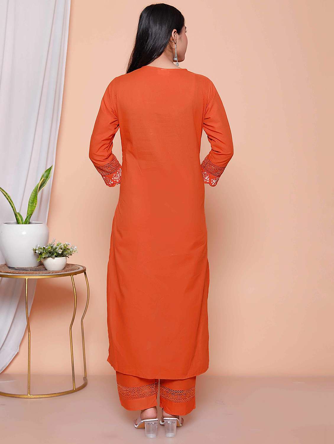 women solid with work three quarter sleeve kurta pant with dupatta set - 22317796 -  Standard Image - 3