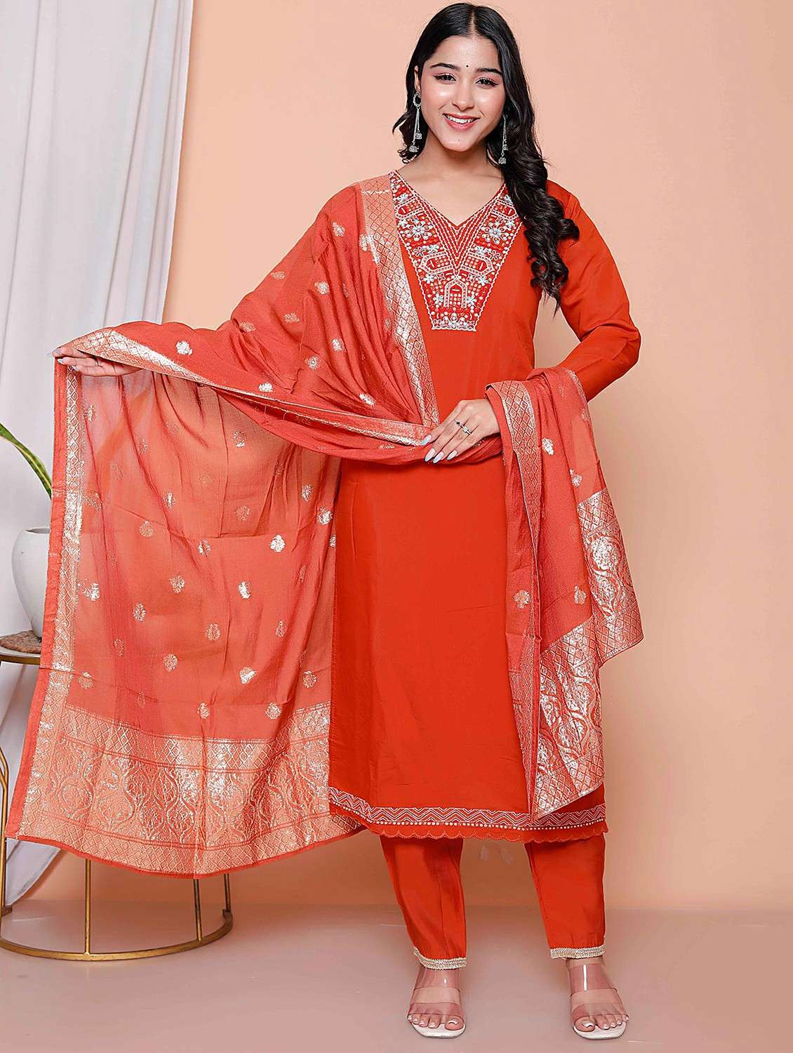 women solid with work three quarter sleeve kurta pant with dupatta set