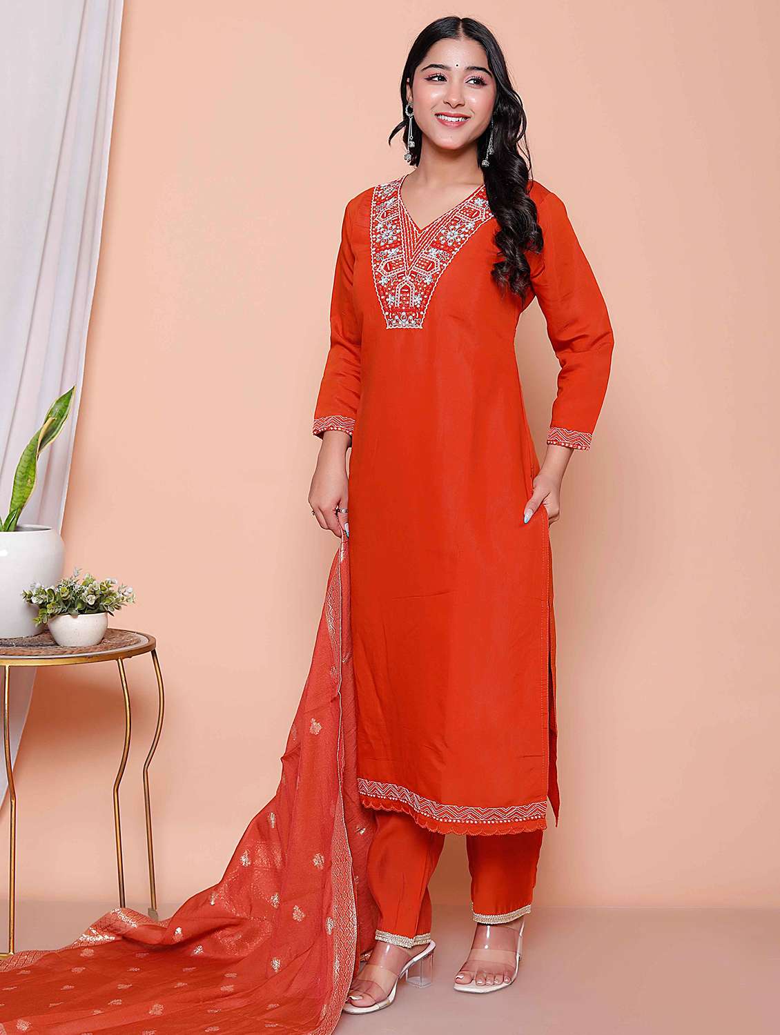 women solid with work three quarter sleeve kurta pant with dupatta set - 22317800 -  Standard Image - 3