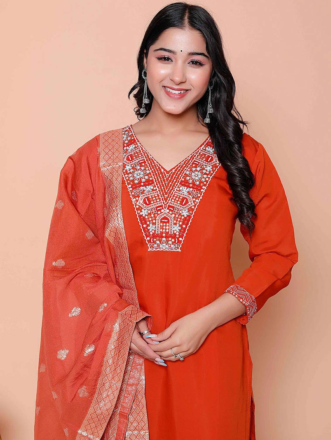 women solid with work three quarter sleeve kurta pant with dupatta set - 22317800 -  Standard Image - 5