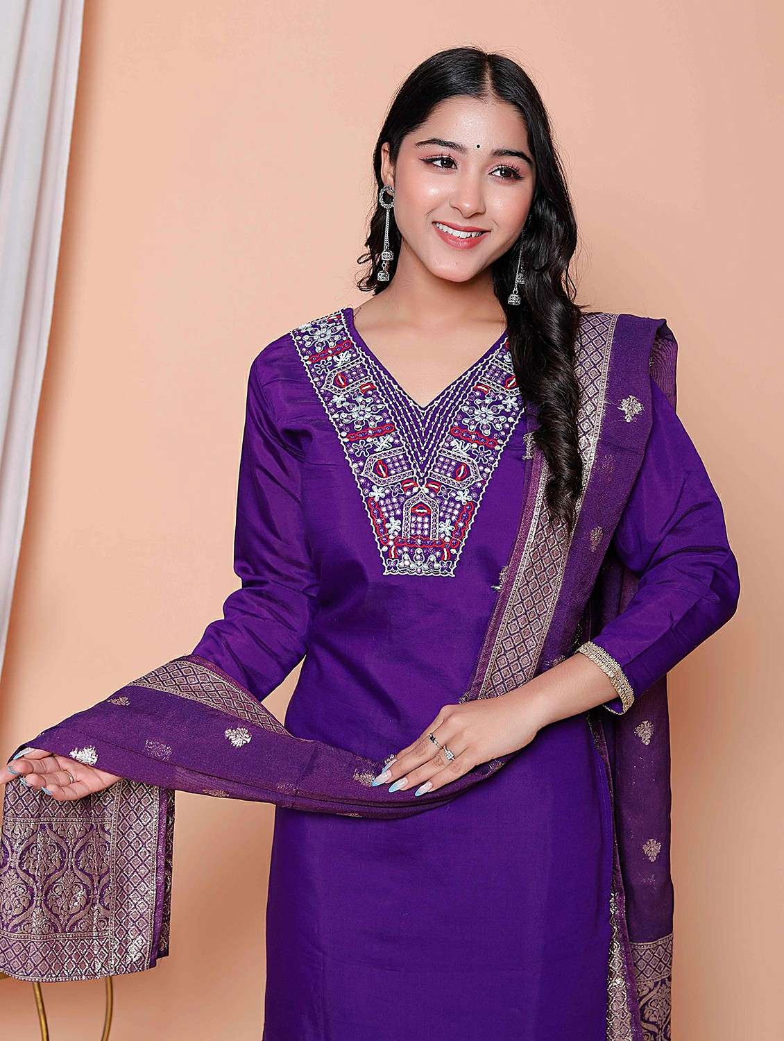 Women Solid With Work Three Quarter Sleeve Kurta Pant With Dupatta Set - 22317801 -  Standard Image - 3