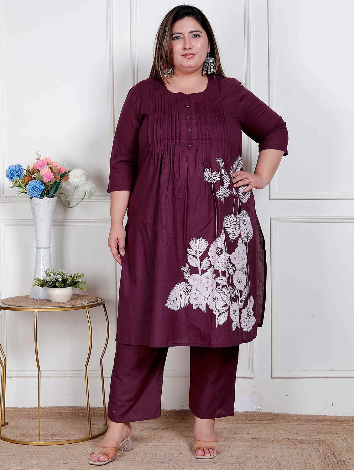 women plus size floral three quarter sleeve kurta set