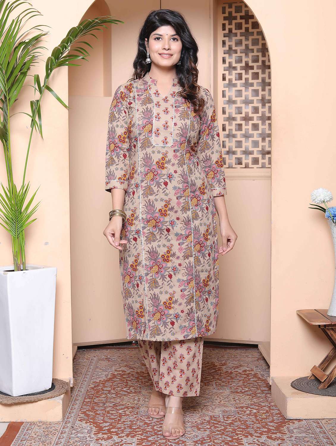 women floral three quarter sleeve kurta palazzo set