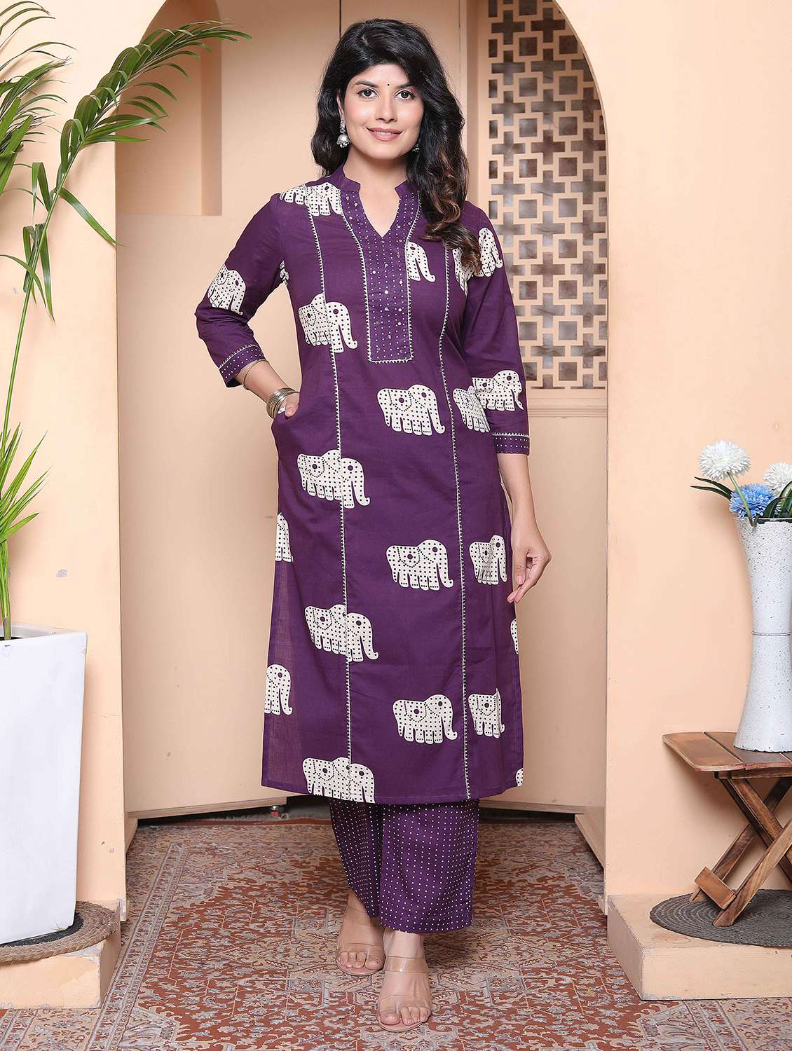 women printed three quarter sleeve kurta pant set