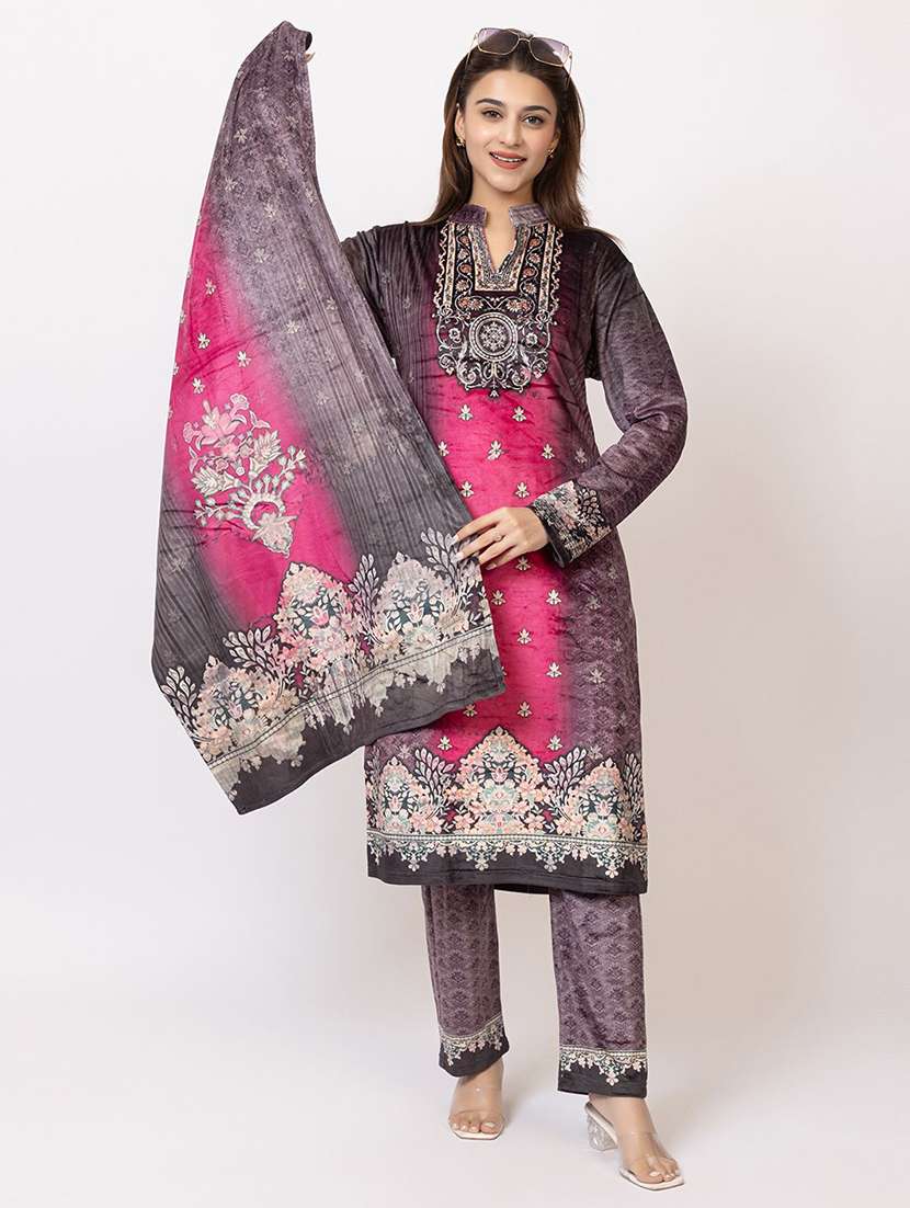 women printed long sleeve kurta pant with dupatta set