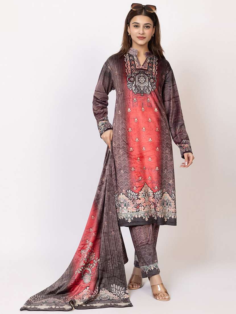 women printed long sleeve kurta pant with dupatta set