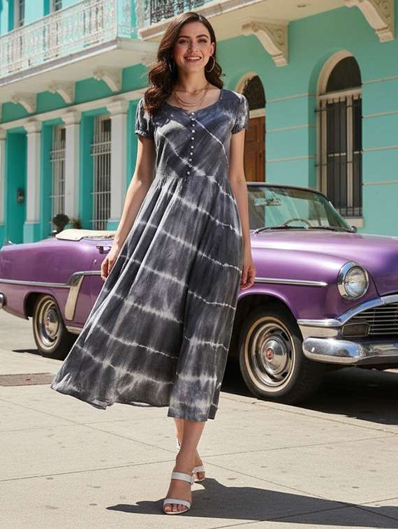 women printed round neck fit & flare dress