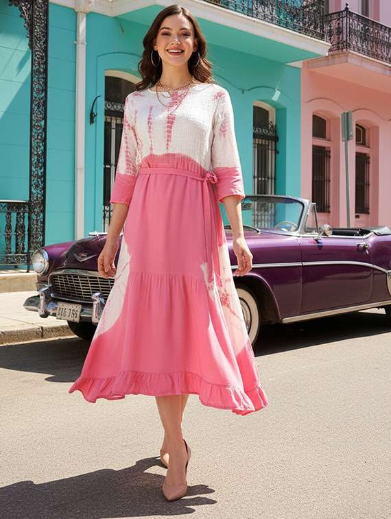 women printed three quarter sleeves fit & flare dress