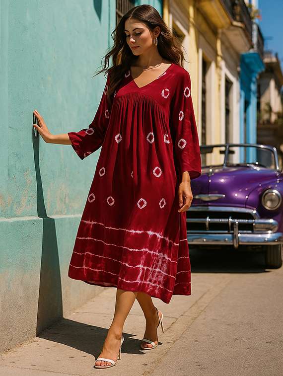 women printed three quarter sleeves fit & flare dress