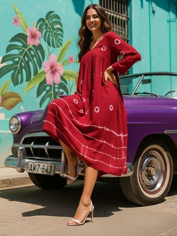 women printed three quarter sleeves fit & flare dress - 22318676 -  Standard Image - 3