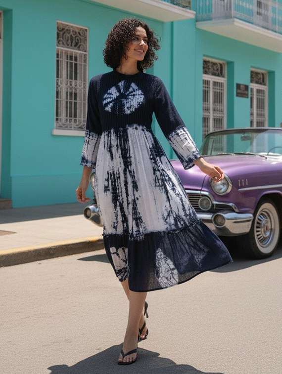 women printed three quarter sleeves tiered dress
