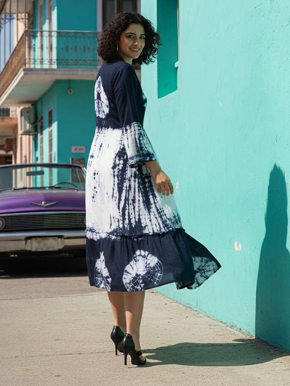 women printed three quarter sleeves tiered dress - 22318681 -  Standard Image - 3