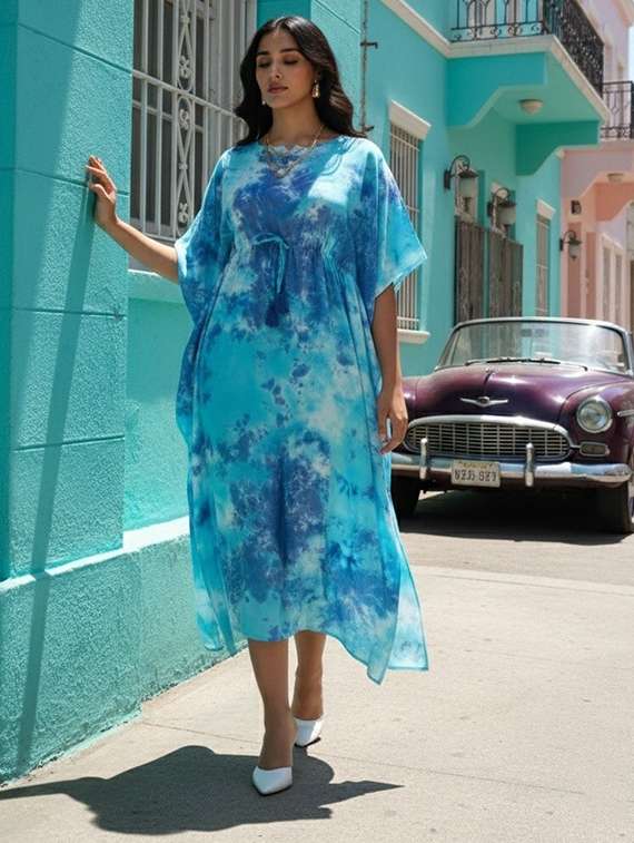 women printed kimono sleeve kaftan dress