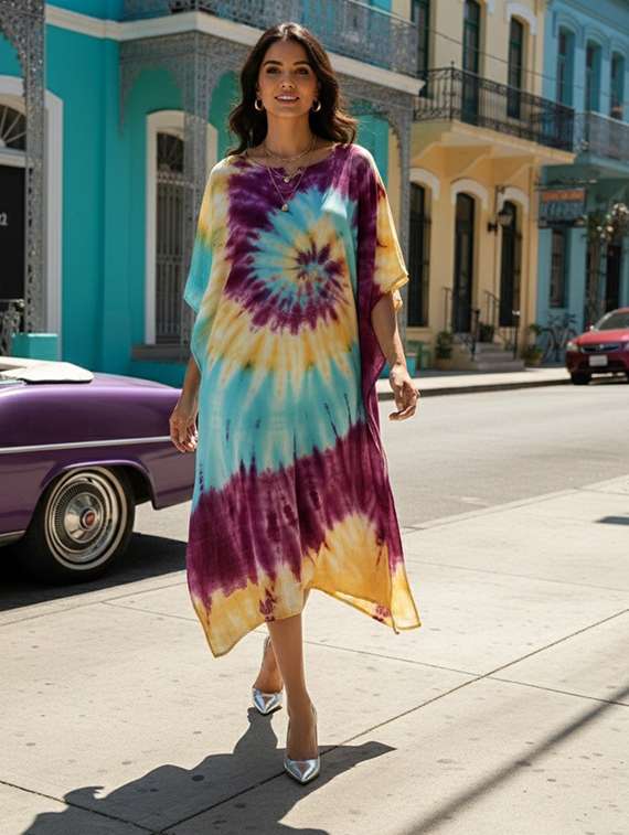 women printed kimono sleeve kaftan dress