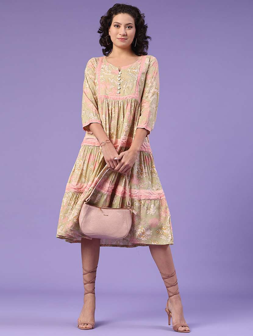 green cotton tiered  dress