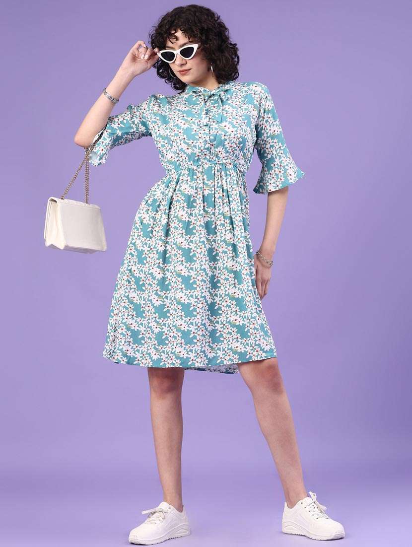 women floral print bell sleeve a-line dress