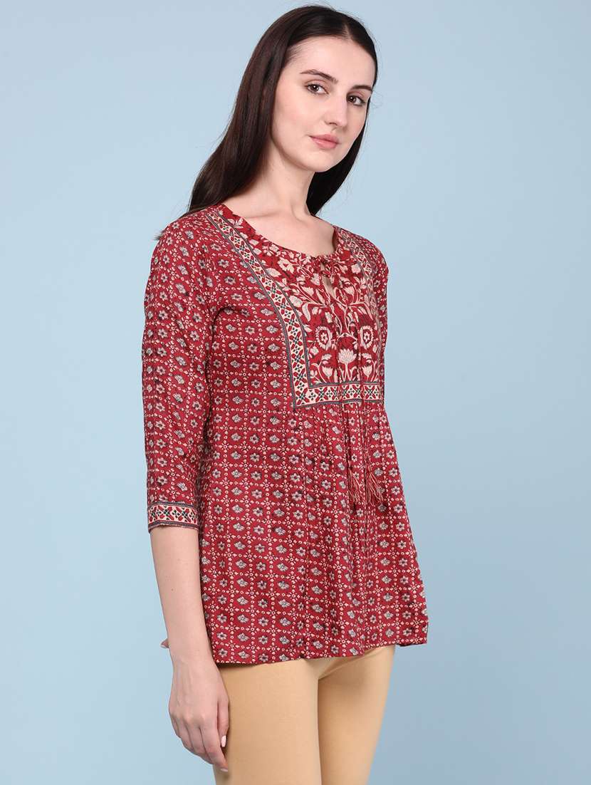 Women Printed Three Quarter Sleeves A-line Kurti - 22319129 -  Standard Image - 3