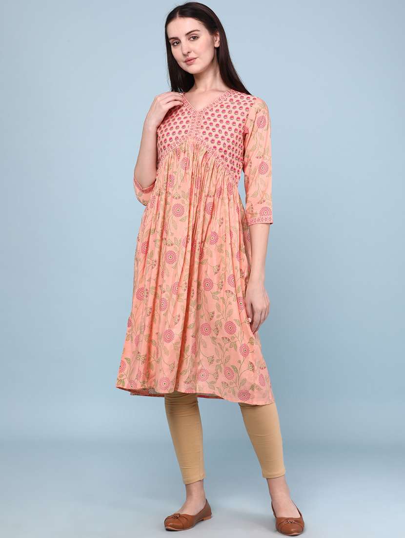 women printed three quarter sleeves a-line kurta