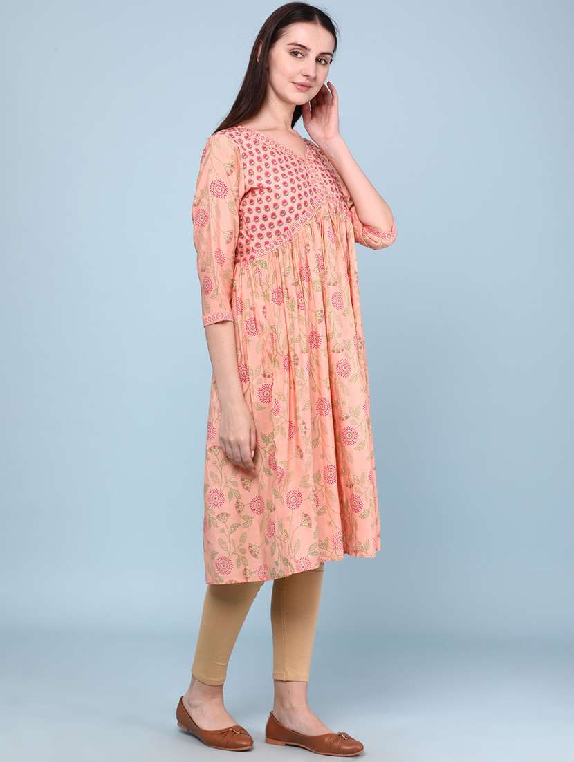 Women Printed Three Quarter Sleeves A-line Kurta - 22319138 -  Standard Image - 3