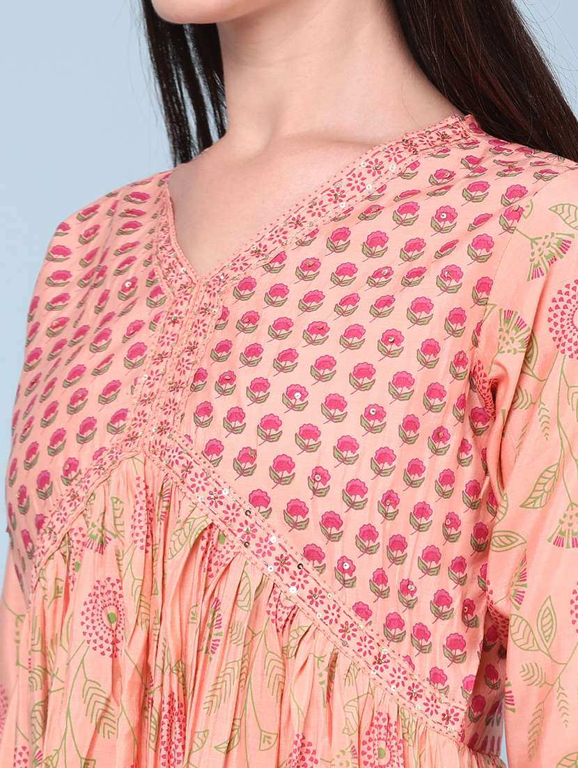 Women Printed Three Quarter Sleeves A-line Kurta - 22319138 -  Standard Image - 5