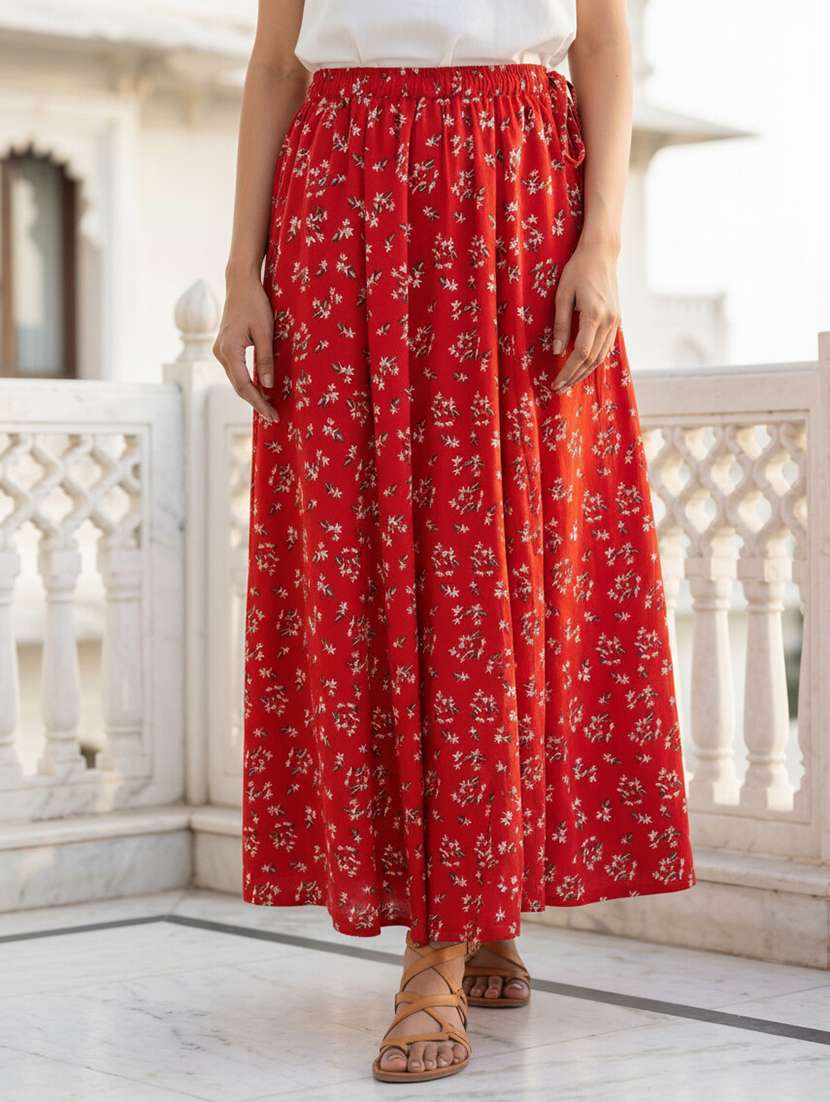 women printed mid rise flared maxi skirt