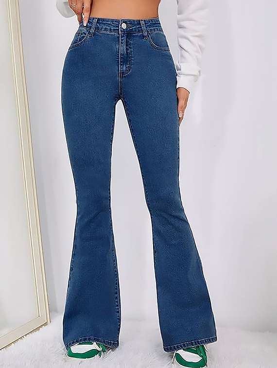 women solid high rise bootcut jeans