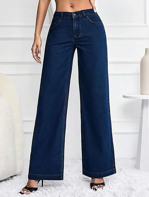women plain high rise wide leg jeans