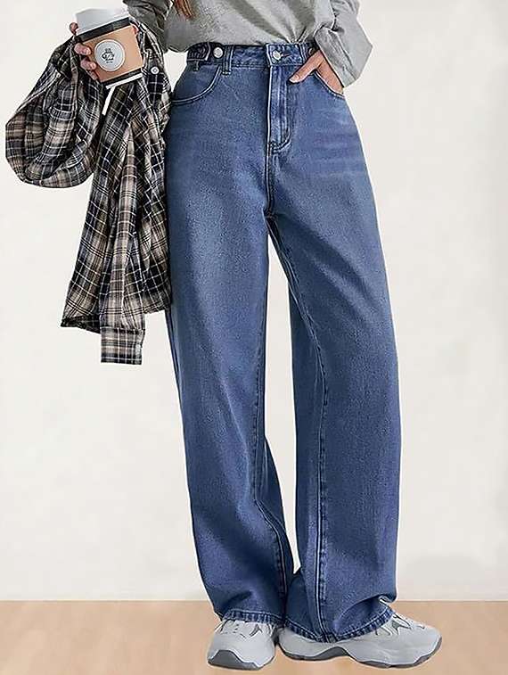 women plain high rise wide leg jeans