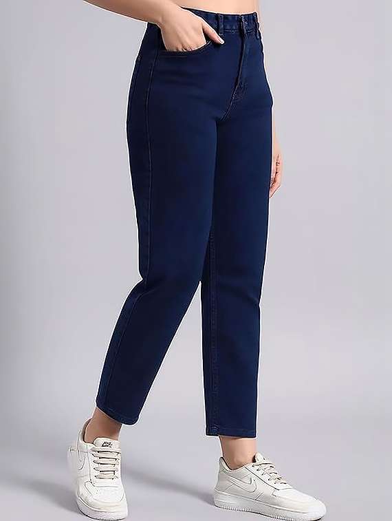 women solid high rise straight jeans